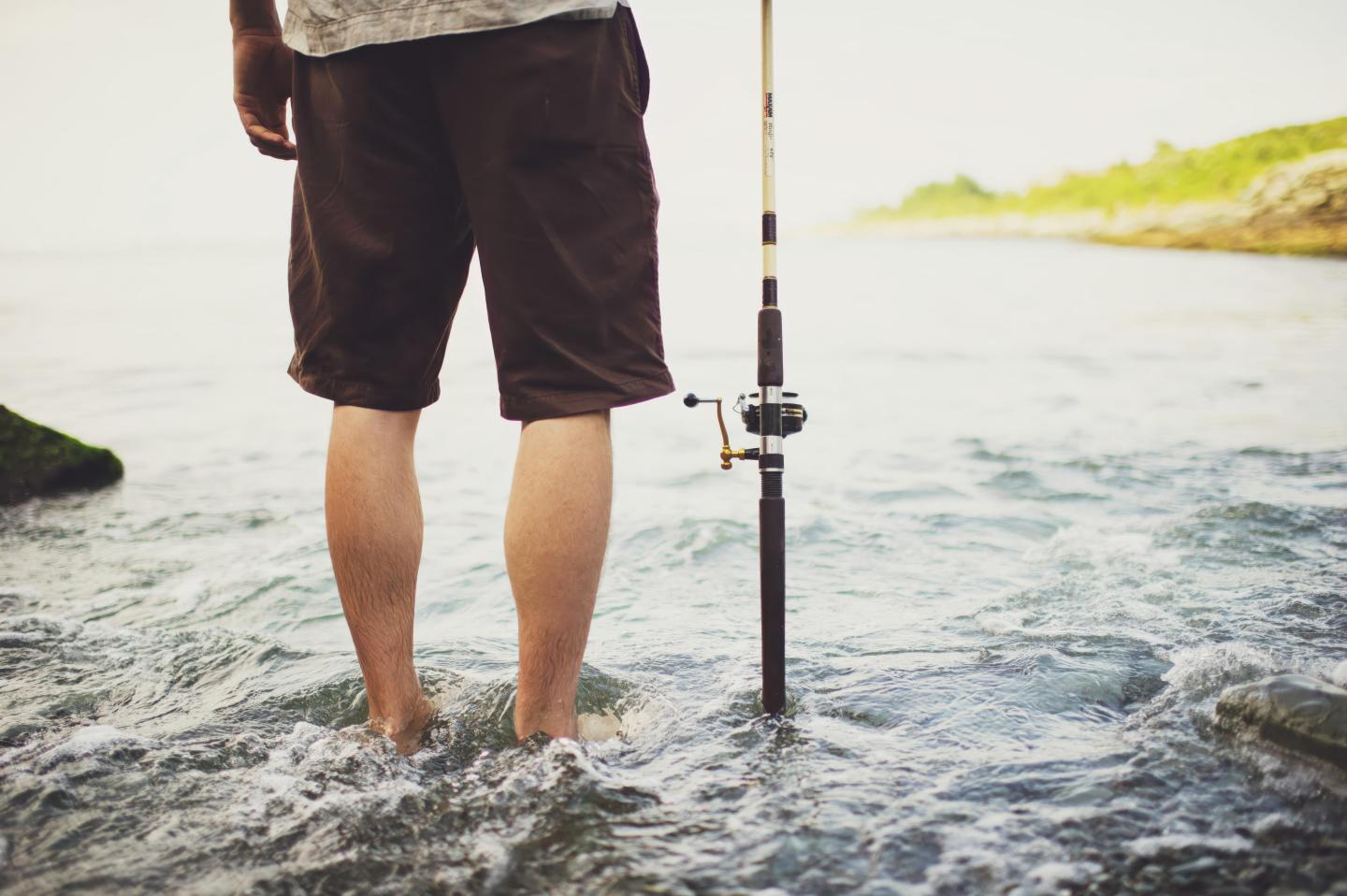 Feet and fishing rod in shallow water near shore.