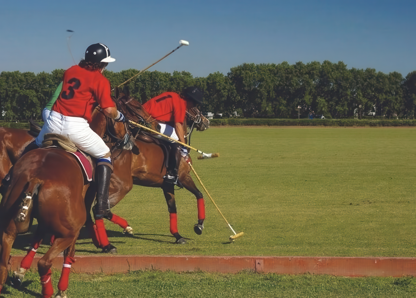Two polo players in red jerseys engaged in a match on a sunny field.