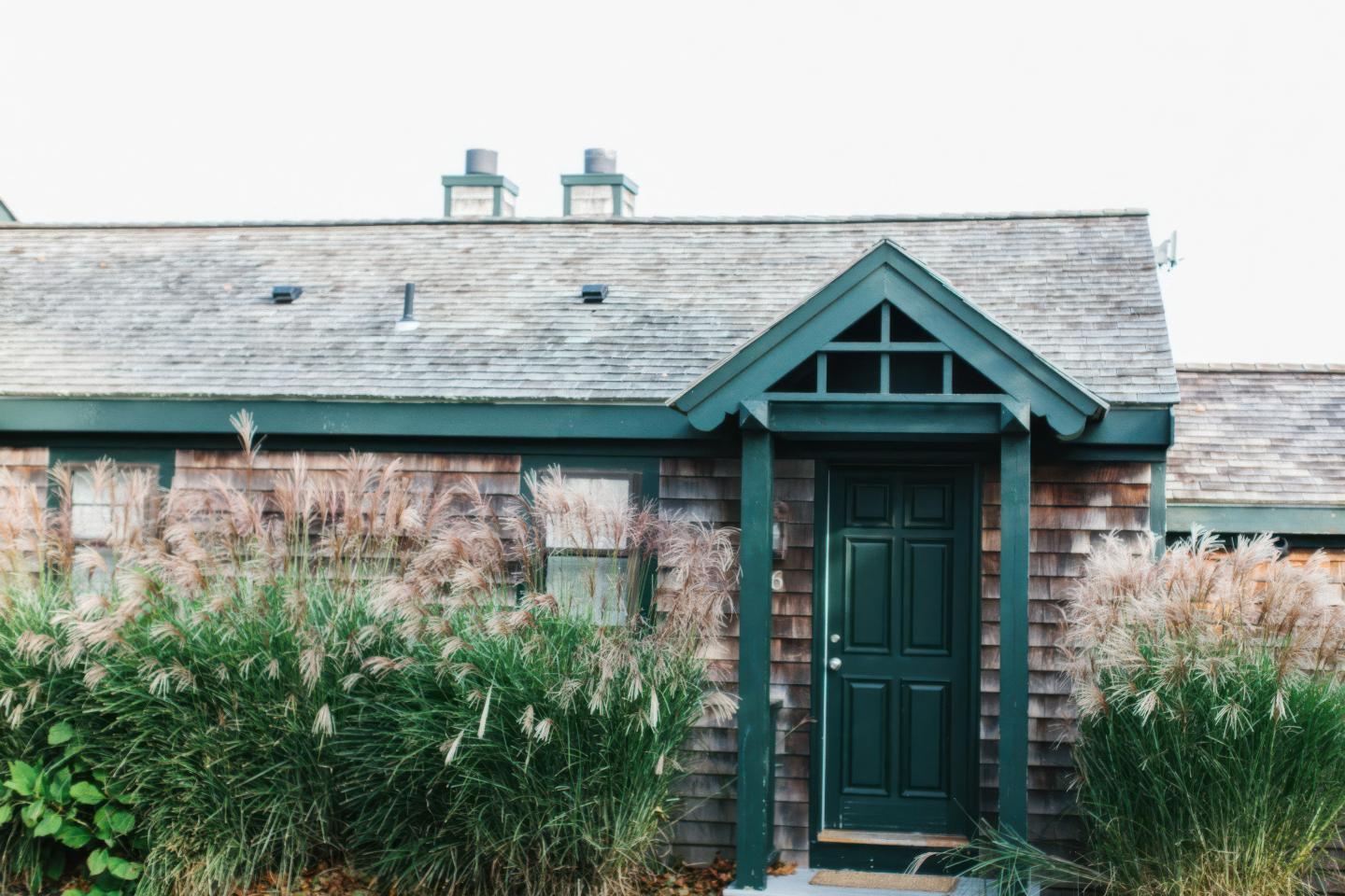 Rustic cottage with a green door, surrounded by tall grasses.