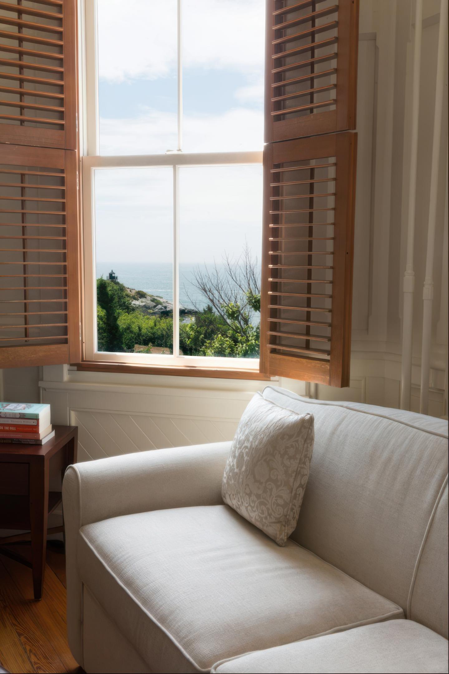 Cozy room with a beige sofa, window view of ocean and greenery.