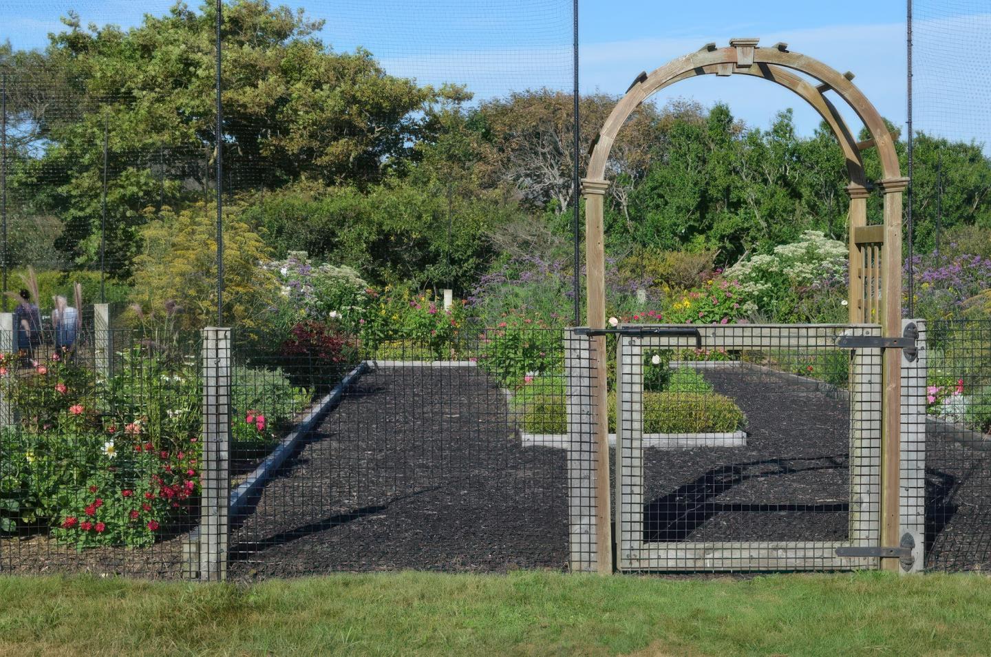 Garden entrance with a wooden arch, surrounded by colorful flowers.
