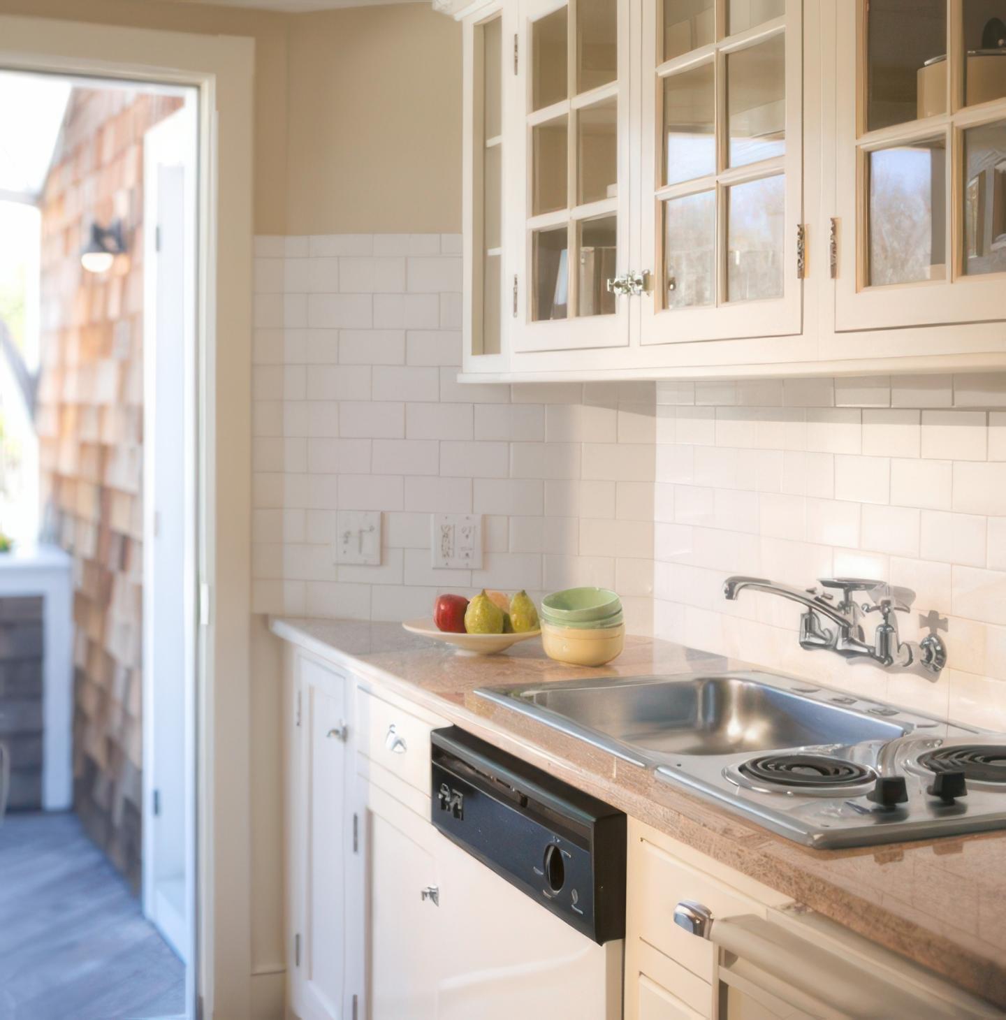 Bright kitchen with white cabinets, countertop with fruit, and open door to patio.
