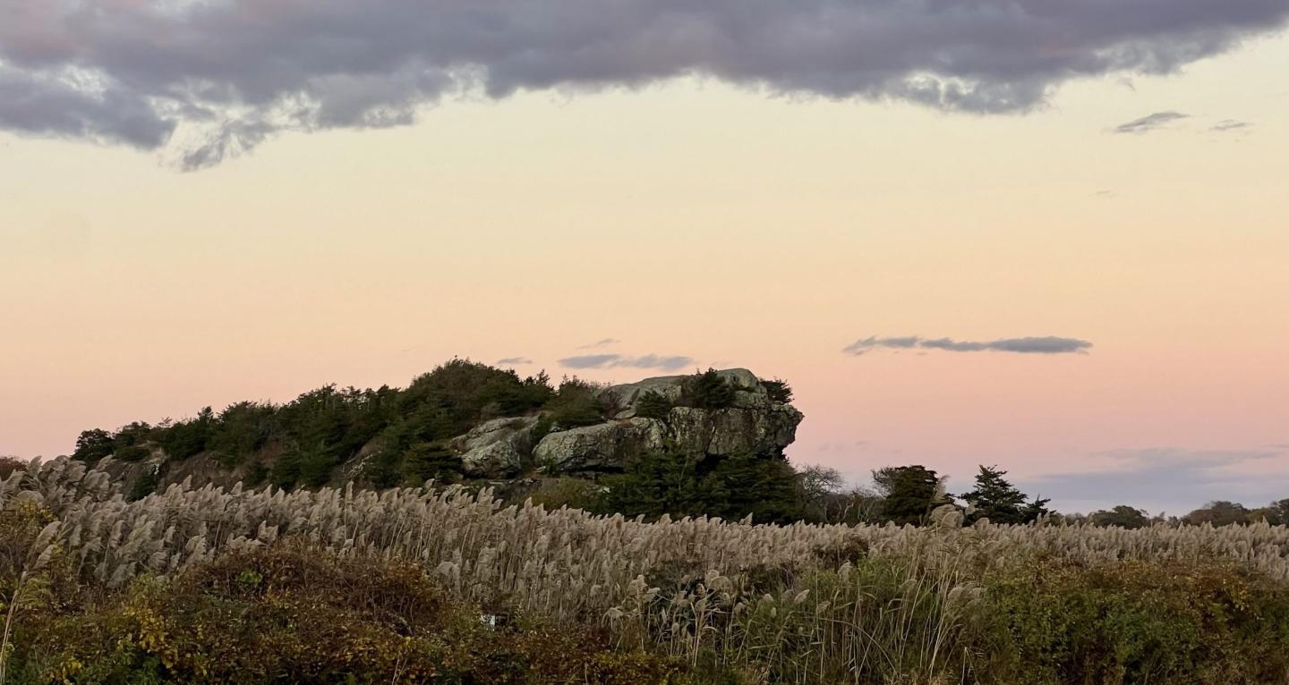 Grass field and rocky hill under a pastel sunset sky.
