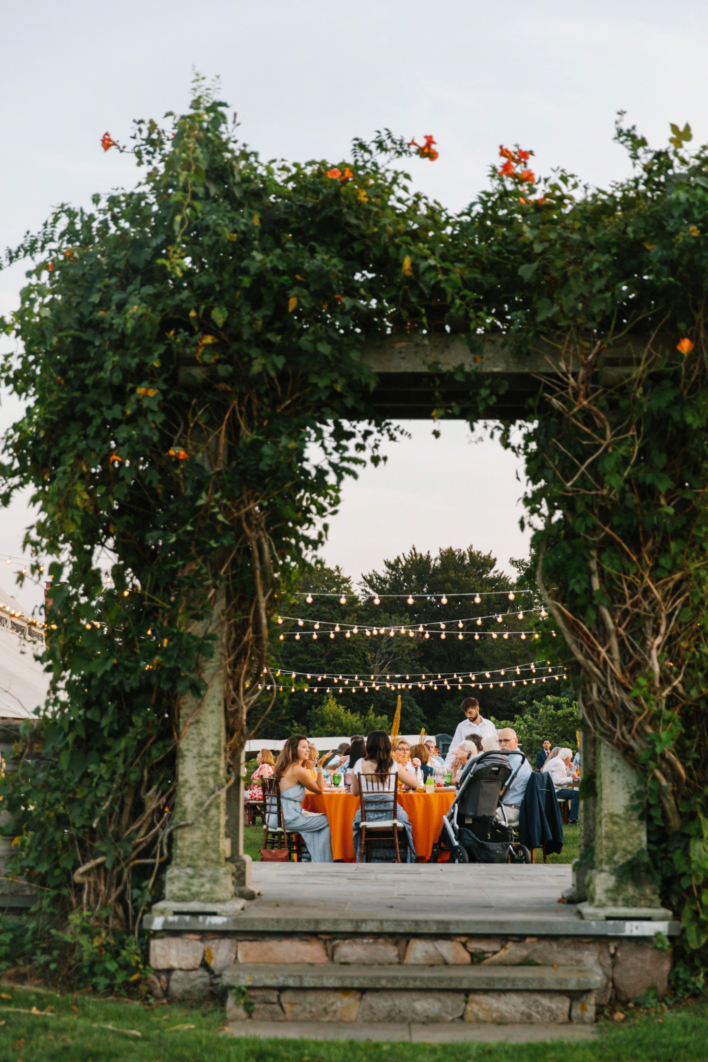 Gorgeous garden arch frames an outdoor dinner party with string lights.