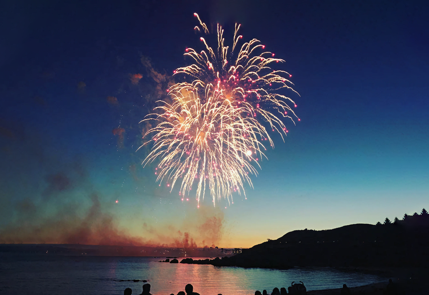 Fireworks light up the night sky over the ocean, with silhouetted spectators below.