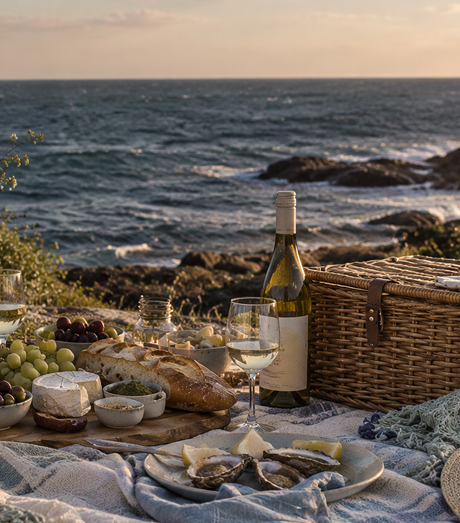 Seaside picnic with wine, bread, and cheese on a blanket. Waves in the background.