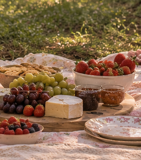 Picnic spread with fruit, cheese, and jam on a blanket outdoors.