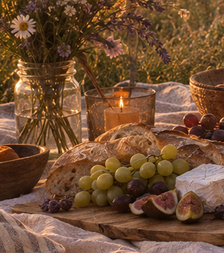 Bread, grapes, and figs on a picnic table with flowers and candle at sunset.